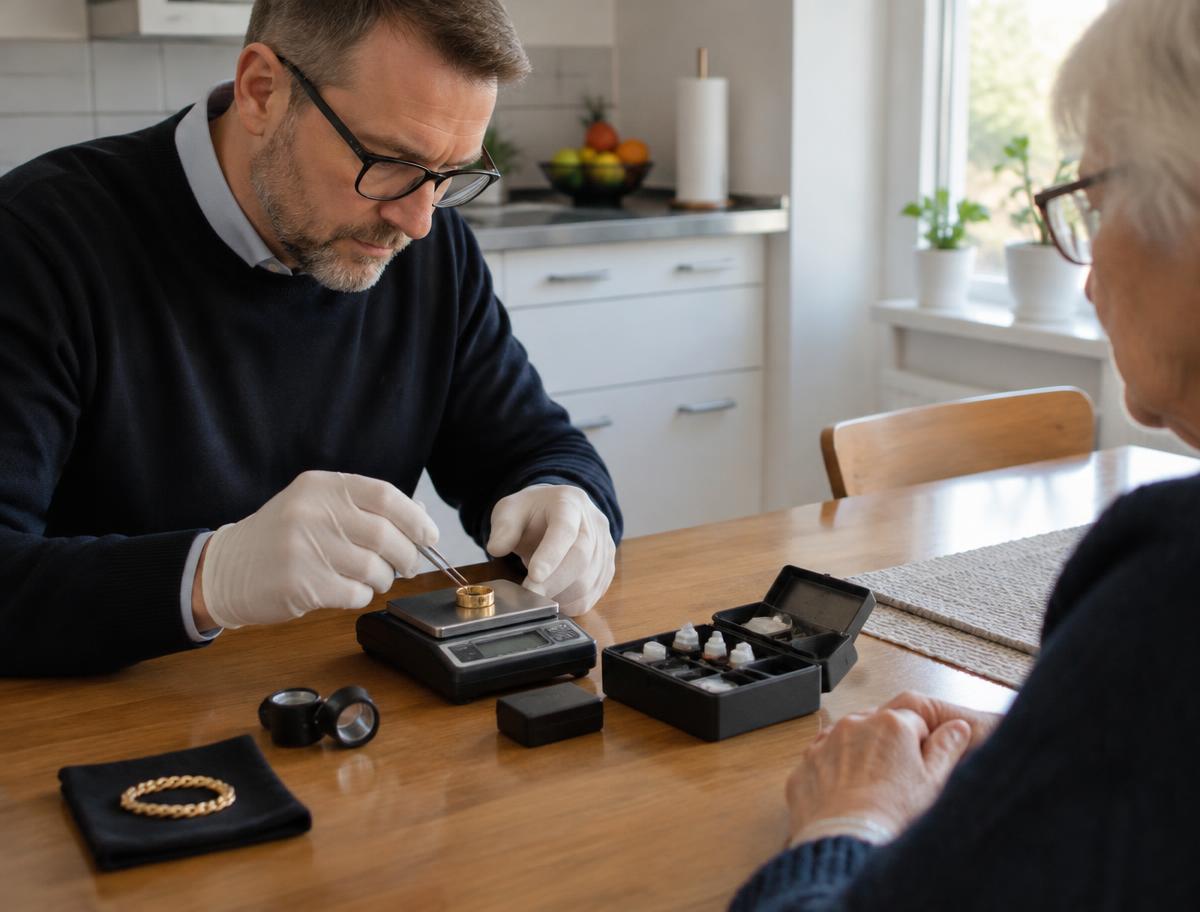 Vurderingsekspert vejer en guldring hjemme hos kunde